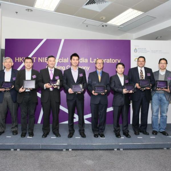 (From left) Prof Danny Tsang, Associate Director, HKUST NIE Social Media Laboratory, HKUST; Prof On-ching Yue, Science Advisor, Innovation & Technology Commission, HKSAR; Mr Samson Tam, JP, Member of Legislative Council, Information Technology; Mr Herman Lam, CEO, Hong Kong Cyberport Management Company Limited; Prof James She, Director, HKUST NIE Social Media Laboratory, HKUST; Prof Tony F Chan, President, HKUST; Mr Bill Nie, CEO, TS First Fortune Asset Management; Prof Khaled Ben Letaief, Dean, School of E