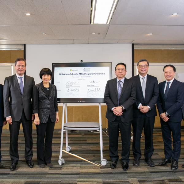 The signing ceremony is witnessed by Dr. David CHUNG Wai-Keung (first from left), Under Secretary for Innovation and Technology of the HKSAR Government; Mr. Alain CROZIER (second from left), Corporate Vice President, Chairman and CEO of Microsoft Greater China Region; and Prof. Lionel NI (fourth from right), Provost of HKUST. 