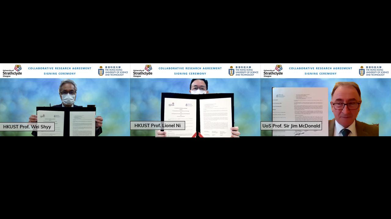The two agreements were signed by (from left) HKUST President Prof. Wei SHYY, HKUST(GZ) President Prof. Lionel NI and UoS Principal, Prof. Sir Jim MCDONALD, during an online ceremony.