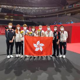 Minnie Soo (fourth right) and her teammates Lee Ho-Ching (fourth left) and Doo Hoi-Kem (third left) win bronze in the Table Tennis Women’s Team competition of the Tokyo 2020 Olympic Games.